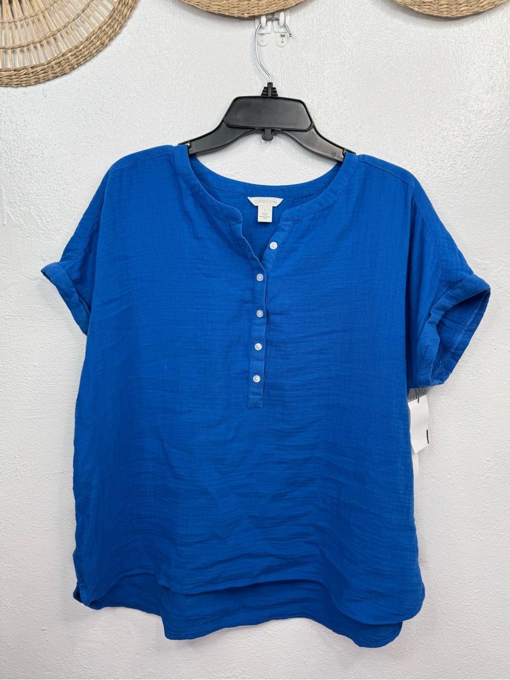 Caslon Gauze Top Womens Size L Blue Henley Popover Short Sleeve Lightweight